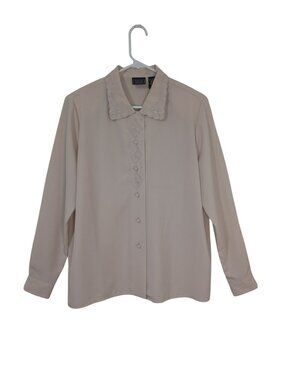 Laura Scott Beige Button-Up Blouse With Floral Embroidery Size 12 Womens Shirt